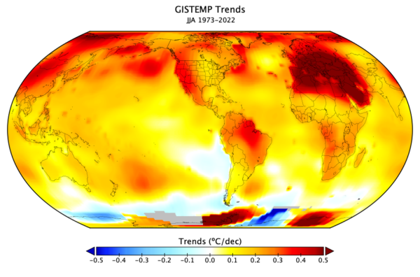 Spatial pattern of GISTEMP trends from 1973-2022 showing a minimum warming in the US Corn Belt region. 