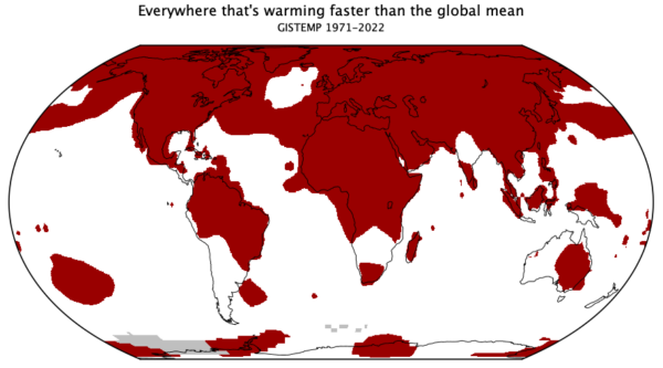 Map showing all the areas where trends from 1971-2022 are greater than the global mean trend. Almost all of the northern hemisphere landmass, and much of the SH land too.