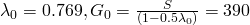 \lambda_0=0.769, G_0={S\over (1-0.5\lambda_0)}=390