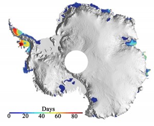 Map of Antarctica showing number of melting days in summer 2008-2099.