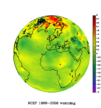 Mean temperature difference between the periods  2004-2008 and 1999-2003